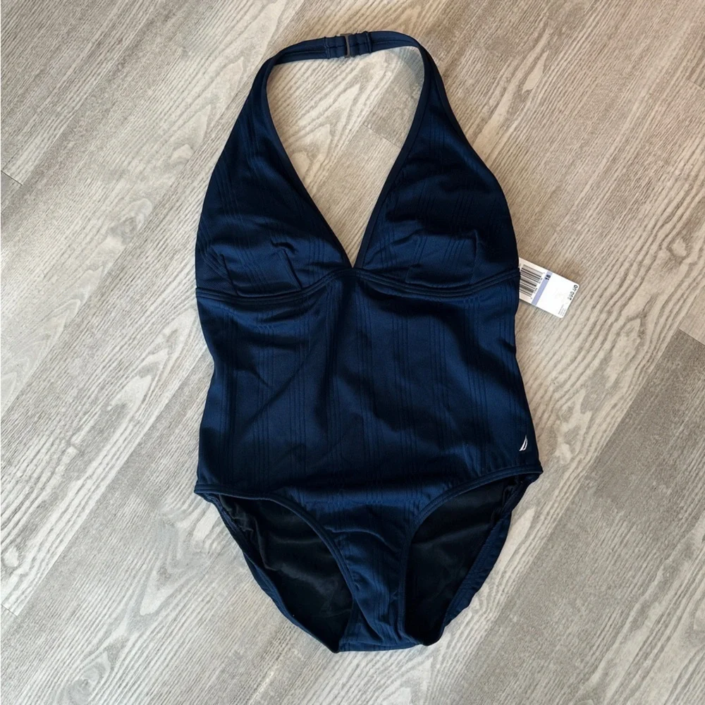NWT Nautica Navy Halter Ribbed One Piece Swimsuit 18